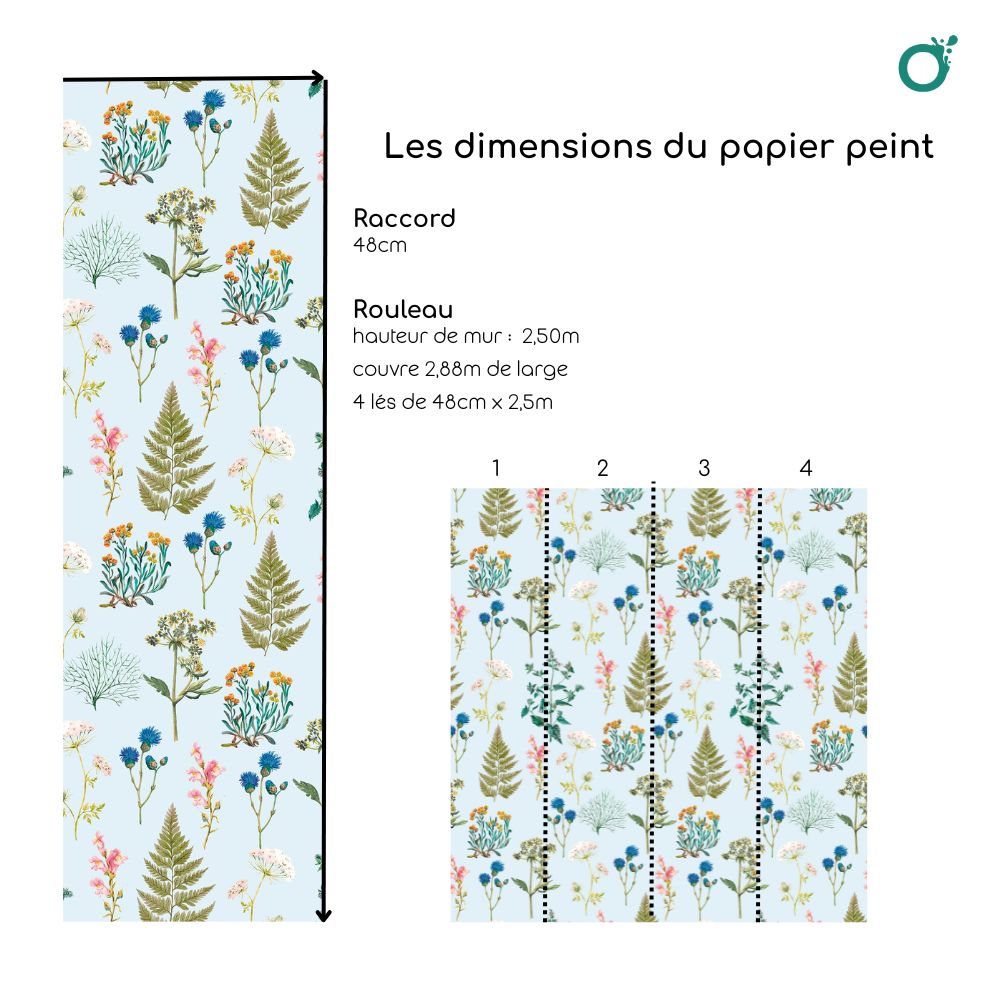 Papier-Peint Algo " Botanique Royale " - 5 lés - bleu ciel aquarelle